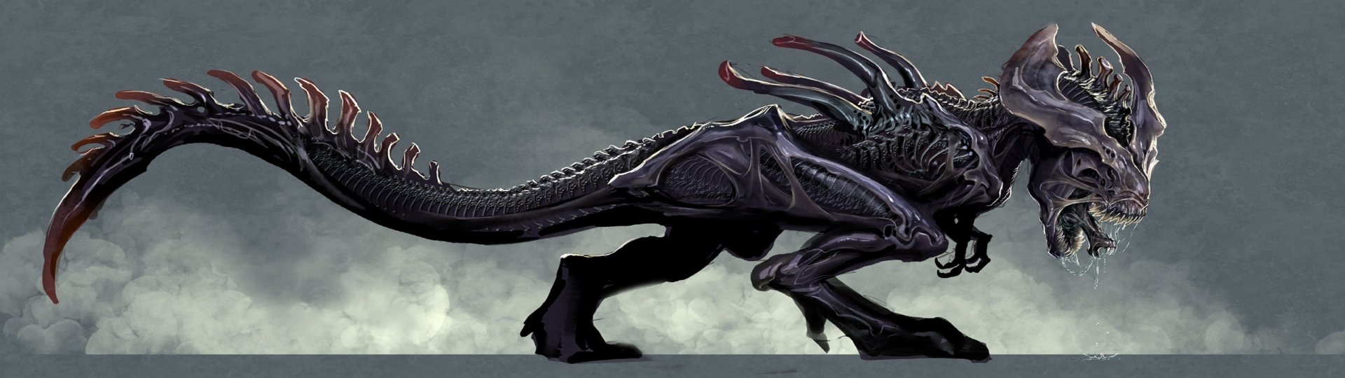 HD PC desktop wallpaper featuring a dark, menacing creature with an elongated body and intricate, alien-like details against a misty background.