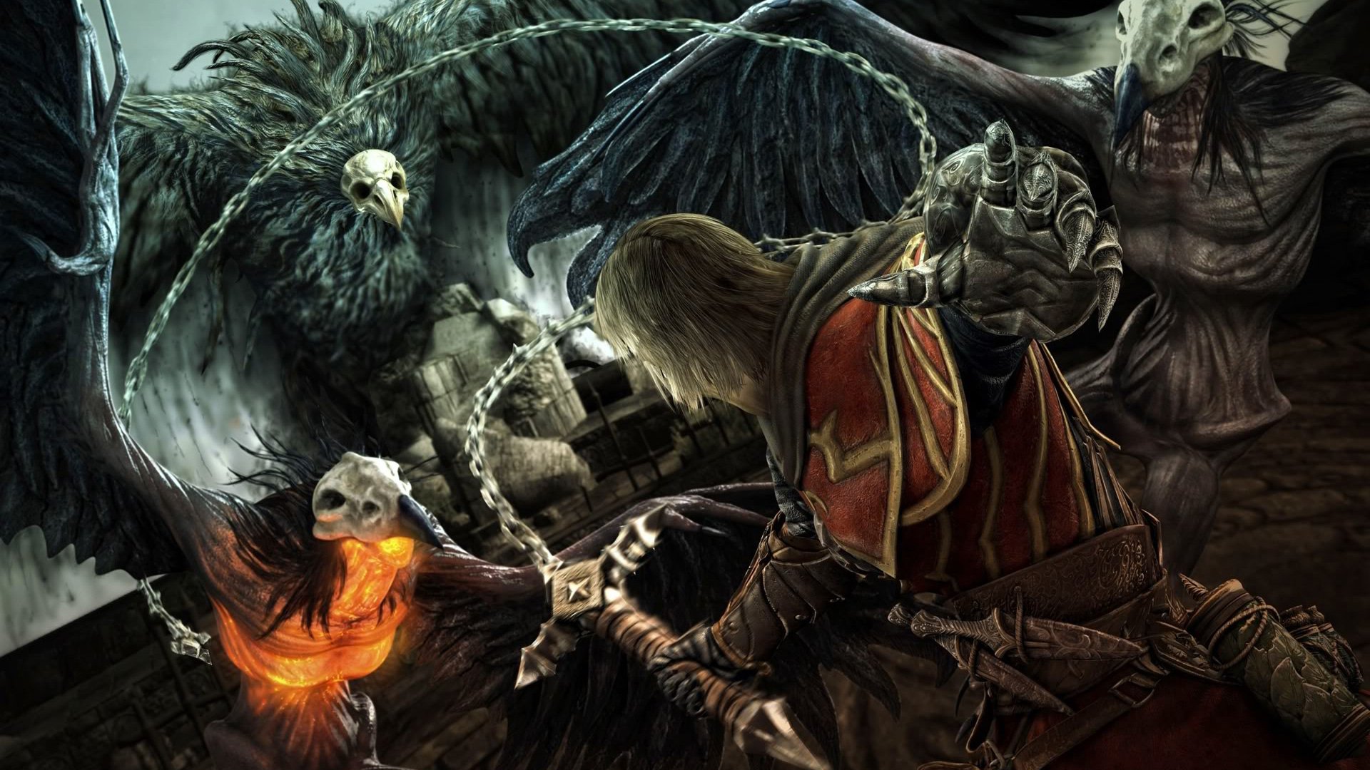 HD PC desktop wallpaper featuring intense Castlevania video game artwork with a warrior battling dark, skeletal creatures in a gothic, eerie setting.