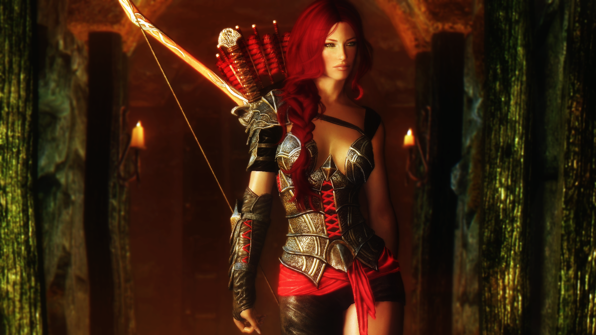 A striking HD wallpaper from The Elder Scrolls V: Skyrim, featuring a female character in detailed armor, wielding a bow, set in an atmospheric, mystical environment.