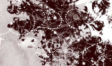 HD PC desktop wallpaper featuring Touka Kirishima from Tokyo Ghoul, with an artistic black and white design incorporating clock and abstract elements.