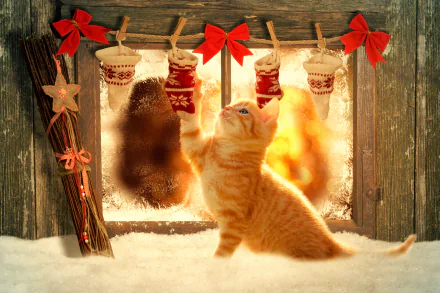 An orange cat reaches up playfully in front of a Christmas-decorated window, featuring stockings and festive ornaments, set in a snowy, wooden scene. HD desktop wallpaper.