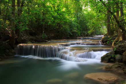 HD desktop wallpaper of a serene stream flowing through lush green forest in Thailand, showcasing vibrant nature and tranquil water cascades.