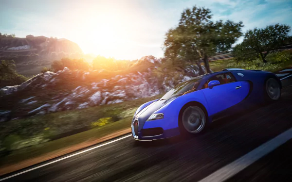 A stunning Bugatti Veyron races along a scenic road with a sunset backdrop, featured in Gran Turismo 6, showcased as a 4K Ultra HD desktop wallpaper.