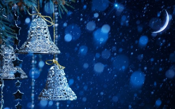 Holiday Christmas Snowfall Night Christmas Ornaments Bell HD Wallpaper | Background Image