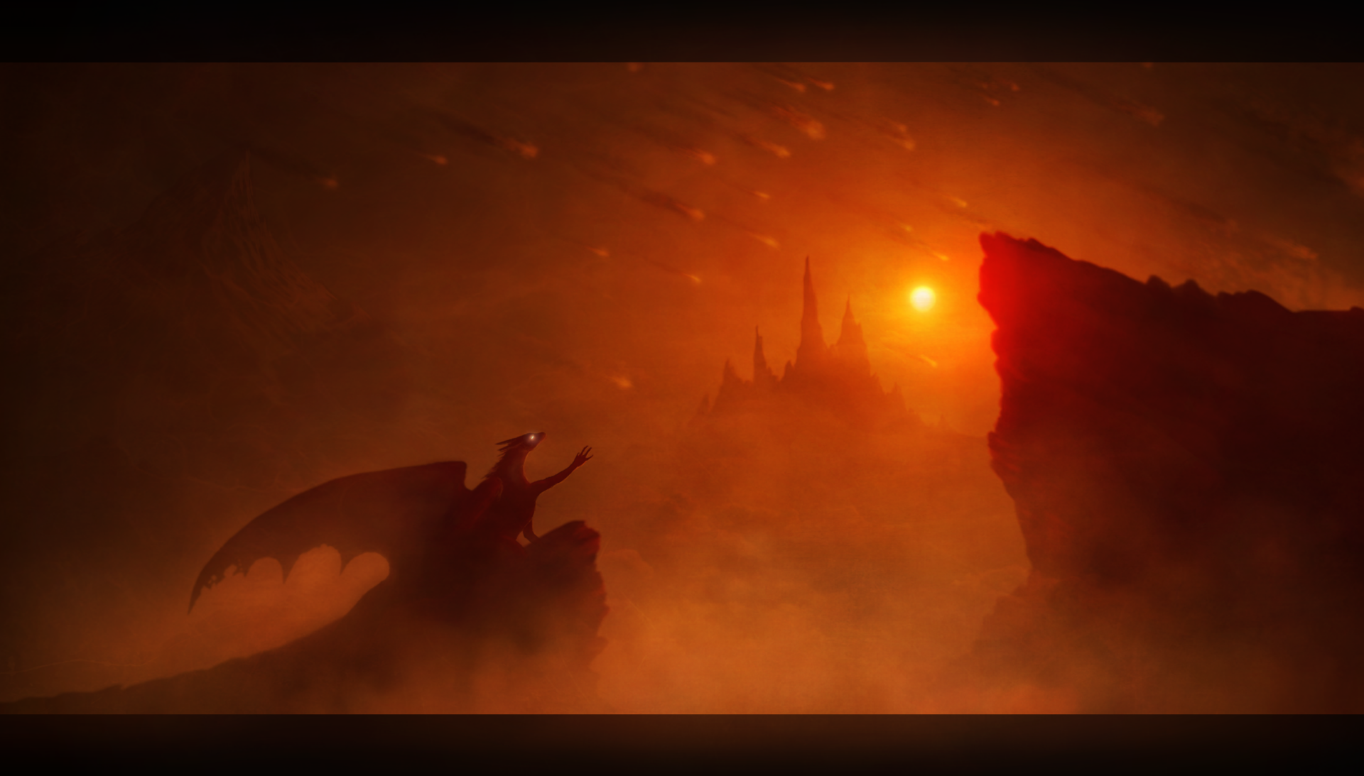 HD wallpaper featuring a fantasy scene with a dragon under a meteor shower, silhouetted against a dark, misty skyline with a glowing sun.