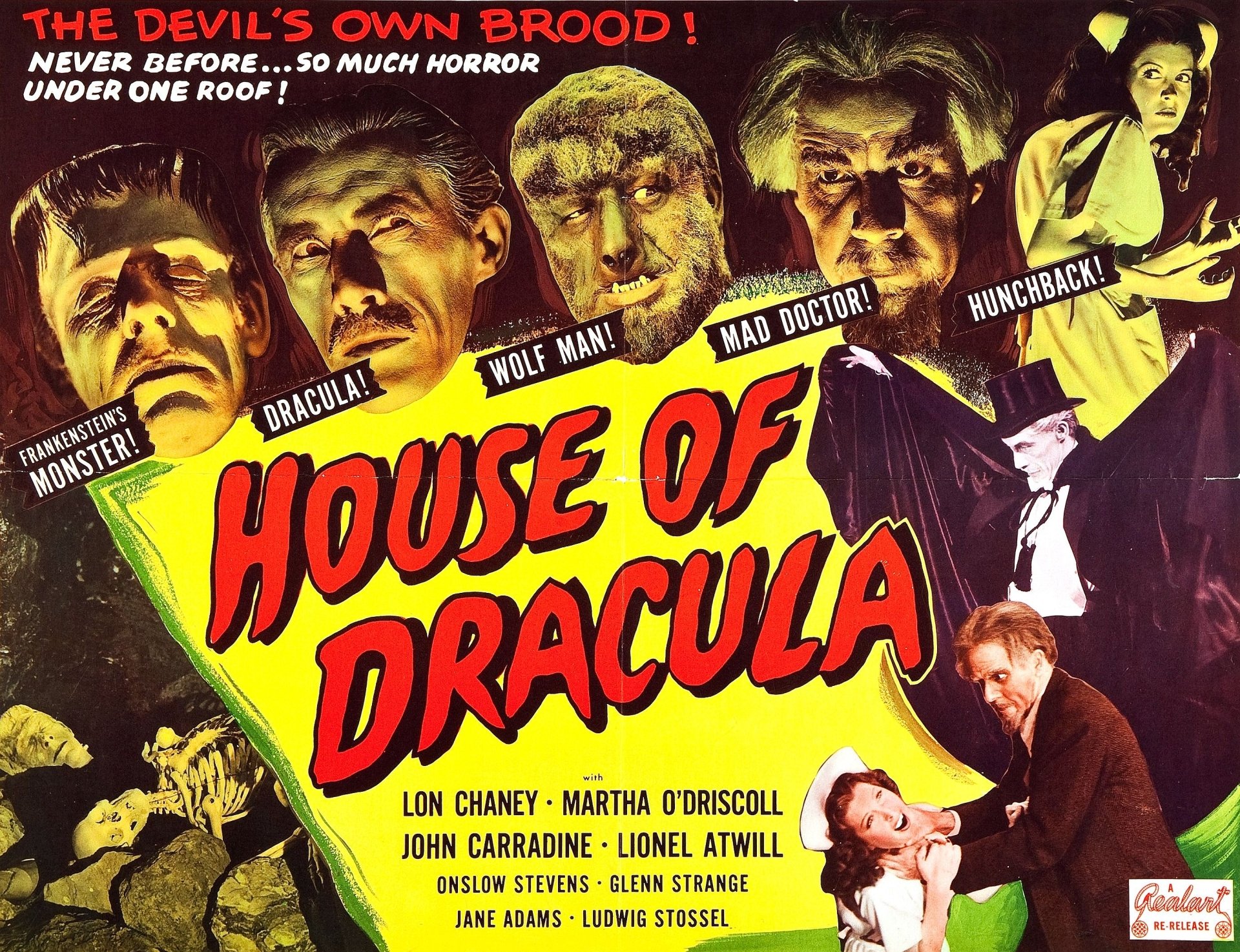 HD desktop wallpaper featuring classic characters from the movie House of Dracula, including Dracula, Frankenstein's Monster, Wolf Man, Mad Doctor, and Hunchback.