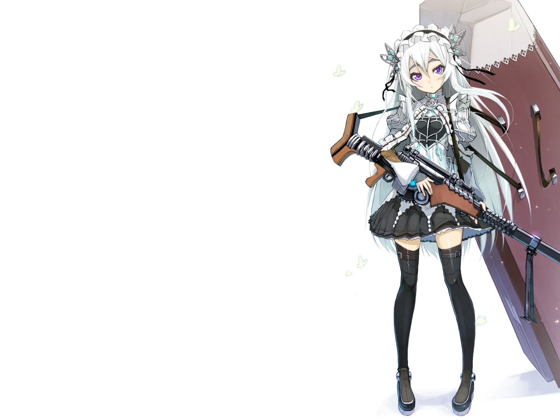 HD PC desktop wallpaper of Chaika from the anime Chaika -The Coffin Princess-, featuring her in a dark outfit holding a rifle with a large red umbrella.