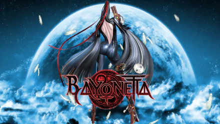 HD PC desktop wallpaper featuring Bayonetta, the video game character, standing with guns drawn against a large glowing moon and cloudy sky background.