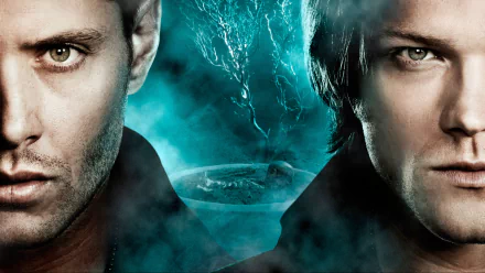 HD wallpaper and background featuring characters from the TV show Supernatural, showing intense close-ups of two faces with a misty blue backdrop.