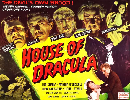 HD desktop wallpaper featuring classic characters from the movie House of Dracula, including Dracula, Frankenstein's Monster, Wolf Man, Mad Doctor, and Hunchback.
