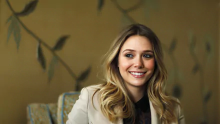 A high-definition desktop wallpaper featuring celebrity Elizabeth Olsen, smiling warmly against a softly patterned background with subtle botanical elements.