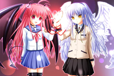 HD anime desktop wallpaper featuring Yui and Kanade Tachibana from Angel Beats! standing side by side with glowing heart-shaped light between their hands.