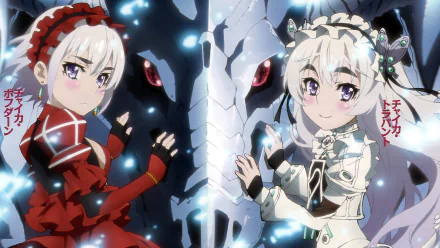 A vibrant HD wallpaper featuring characters from Chaika - The Coffin Princess, showcasing two versions of Chaika, framed by a striking dragon skull.