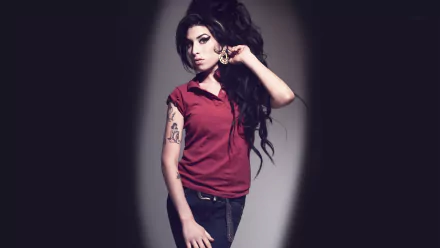 HD desktop wallpaper featuring English singer Amy Winehouse with her signature beehive hairstyle and tattoos, set against a dark background.