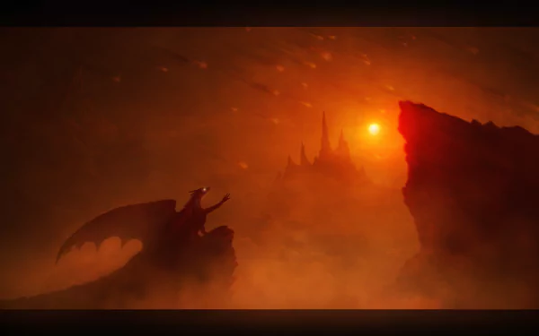 HD wallpaper featuring a fantasy scene with a dragon under a meteor shower, silhouetted against a dark, misty skyline with a glowing sun.
