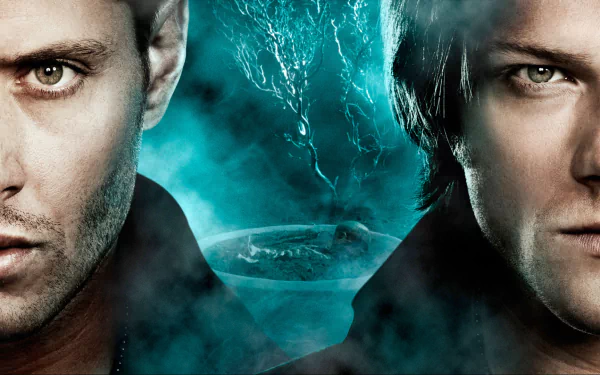 HD wallpaper and background featuring characters from the TV show Supernatural, showing intense close-ups of two faces with a misty blue backdrop.
