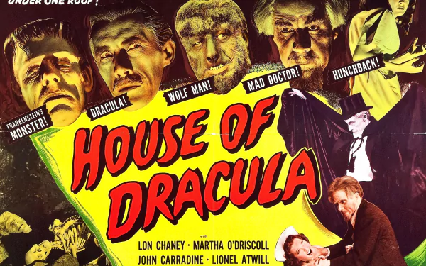 HD desktop wallpaper featuring classic characters from the movie House of Dracula, including Dracula, Frankenstein's Monster, Wolf Man, Mad Doctor, and Hunchback.