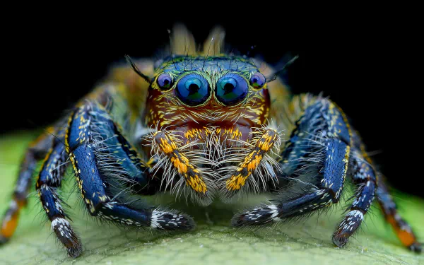 A close-up of a vibrant jumping spider, showcasing its colorful body and distinctive eyes, serves as an intriguing HD desktop wallpaper and background.