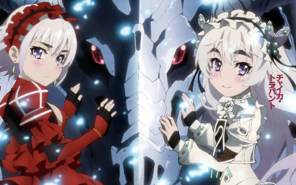 A vibrant HD wallpaper featuring characters from Chaika - The Coffin Princess, showcasing two versions of Chaika, framed by a striking dragon skull.