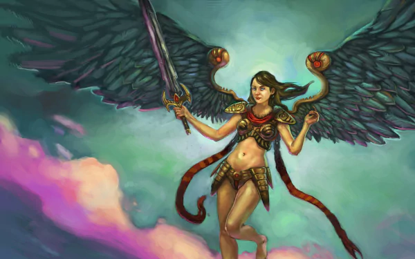 A fierce angel warrior with dark wings and armor, wielding a sword, soaring above colorful clouds in a 4K Ultra HD fantasy PC desktop wallpaper.