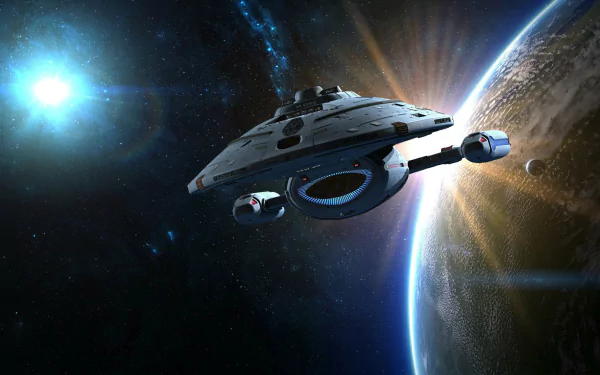 A stunning HD desktop wallpaper featuring a starship from Star Trek: Voyager, set against a cosmic backdrop with a glowing star and a distant planet.