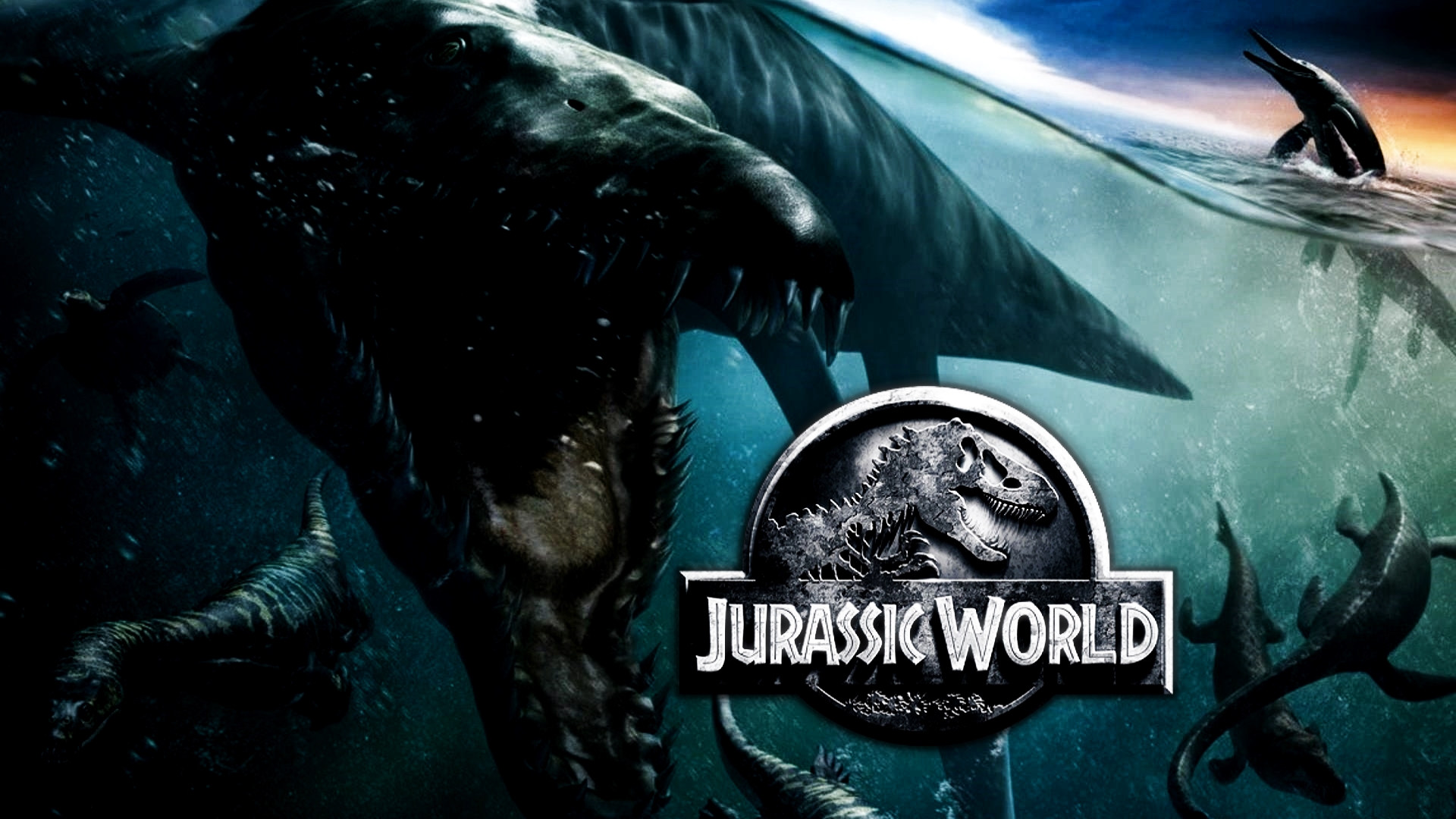 HD desktop wallpaper featuring a dramatic underwater scene from Jurassic World with a dinosaur and the movie's logo.