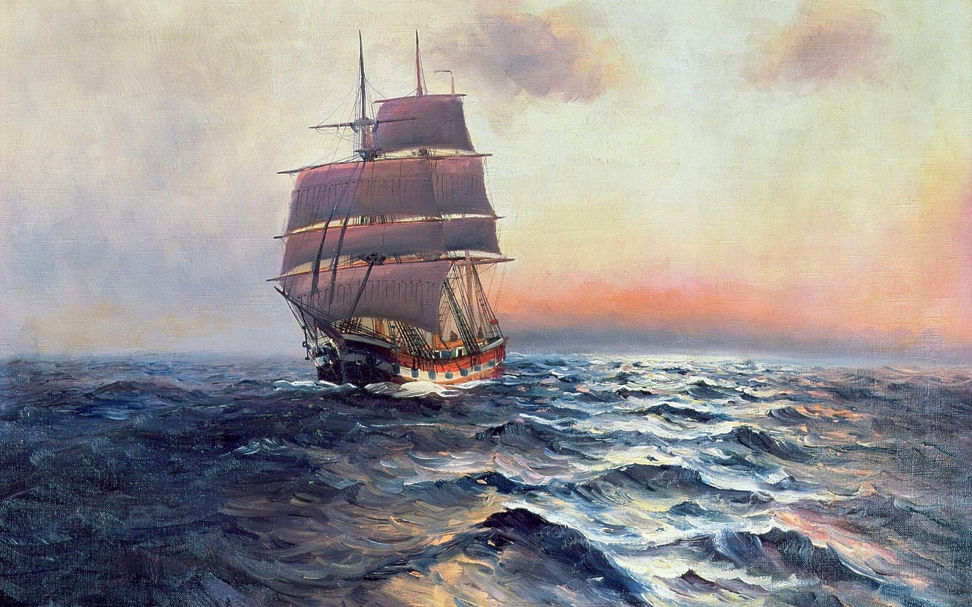 A beautifully artistic painting of a ship sailing through vibrant waters at sunset, capturing a sense of adventure. This HD image serves as a stunning desktop wallpaper.