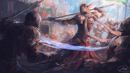 HD fantasy warrior artwork depicting an intense battle scene with armored fighters clashing swords near a castle, designed as a striking PC desktop wallpaper.