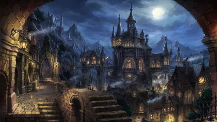 A magical castle towers over a village under a moonlit sky, with illuminated windows and mist-covered mountains, creating a captivating fantasy scene for your HD desktop wallpaper.