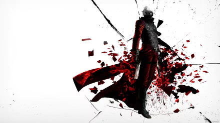 HD PC desktop wallpaper featuring Dante from the Devil May Cry video game, depicted in a dynamic pose with red shattered fragments against a white background.