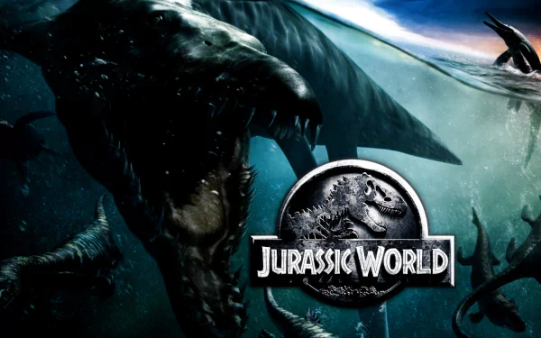 HD desktop wallpaper featuring a dramatic underwater scene from Jurassic World with a dinosaur and the movie's logo.