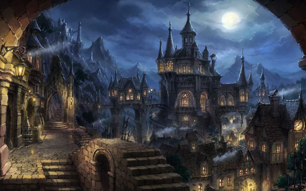 A magical castle towers over a village under a moonlit sky, with illuminated windows and mist-covered mountains, creating a captivating fantasy scene for your HD desktop wallpaper.