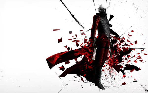 HD PC desktop wallpaper featuring Dante from the Devil May Cry video game, depicted in a dynamic pose with red shattered fragments against a white background.