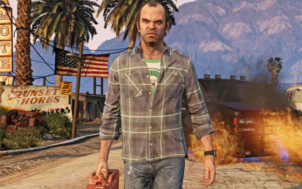 HD wallpaper of Trevor Philips from Grand Theft Auto V, walking with a gas can in hand, with an American flag and a burning vehicle in the background.