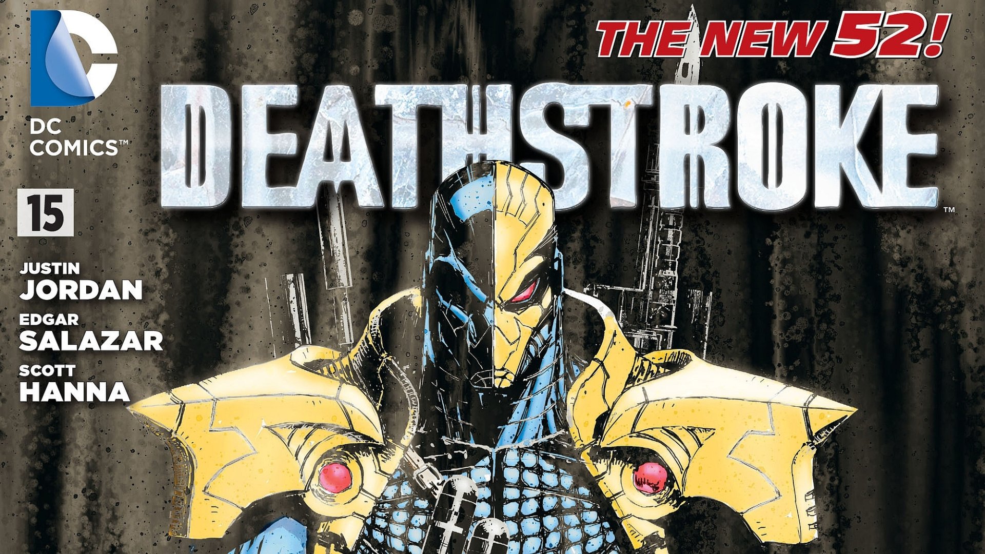 A striking HD wallpaper featuring Deathstroke from The New 52 comic series, showcasing the character's iconic armor and weapons against a dark backdrop.