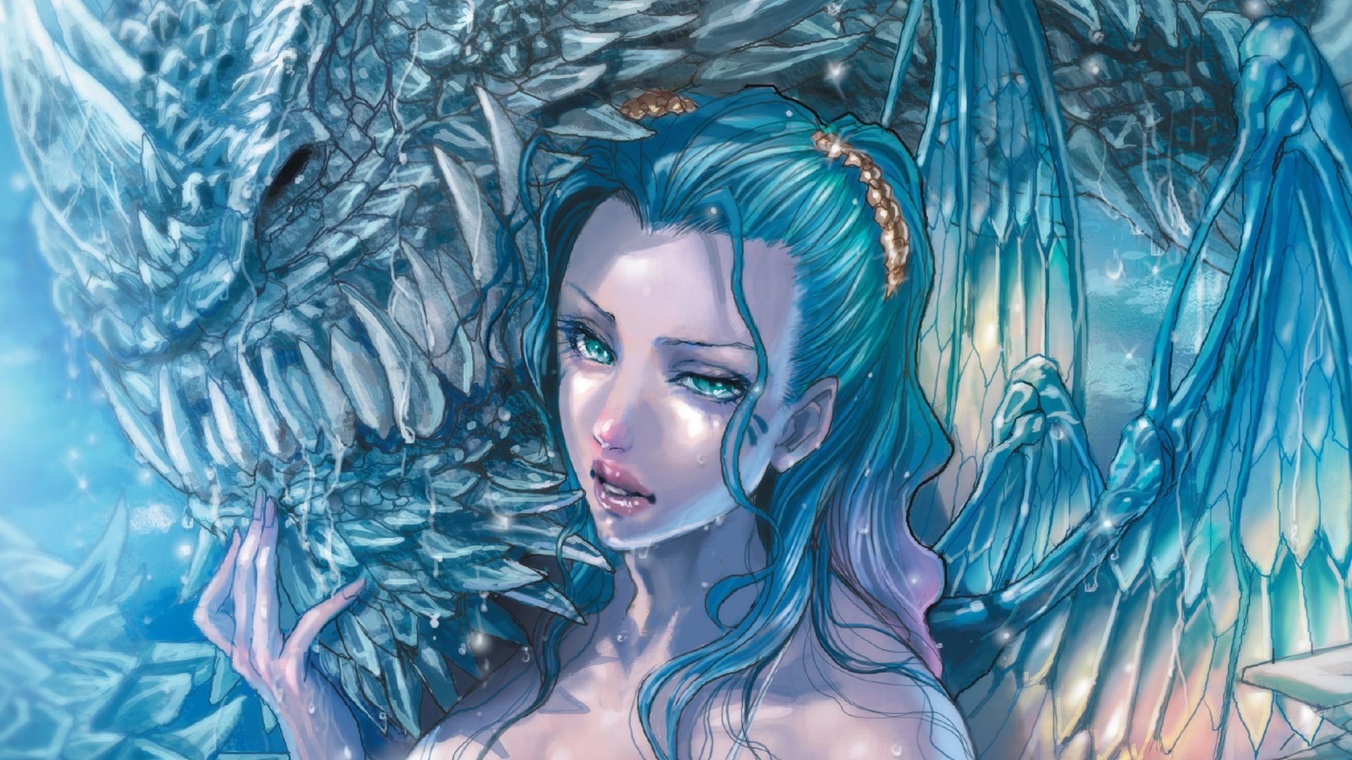 HD PC desktop wallpaper featuring a detailed comic-style illustration of a blue-haired woman with a dragon in an aspen-splash color palette.