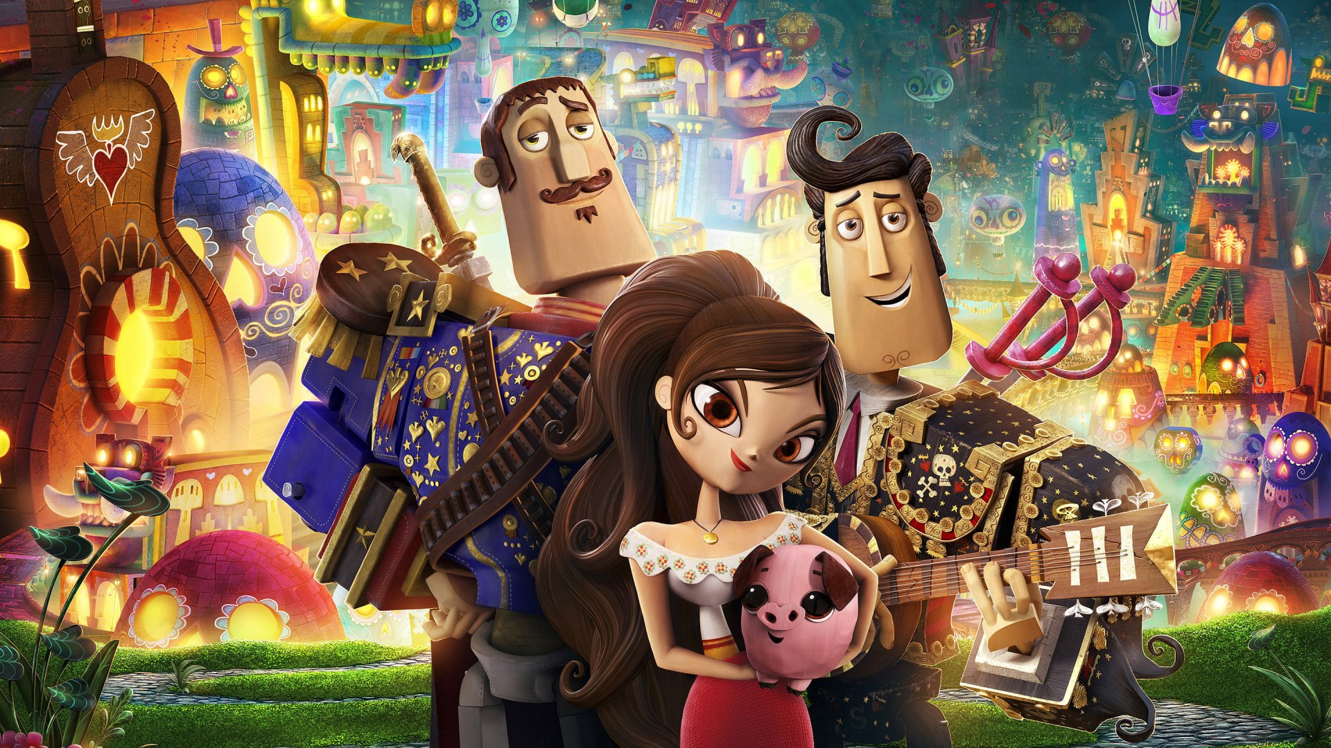 A vibrant scene featuring Joaquin, Maria, and Manolo from *The Book of Life*, set against a colorful, animated backdrop, showcasing the film's enchanting world and characters.