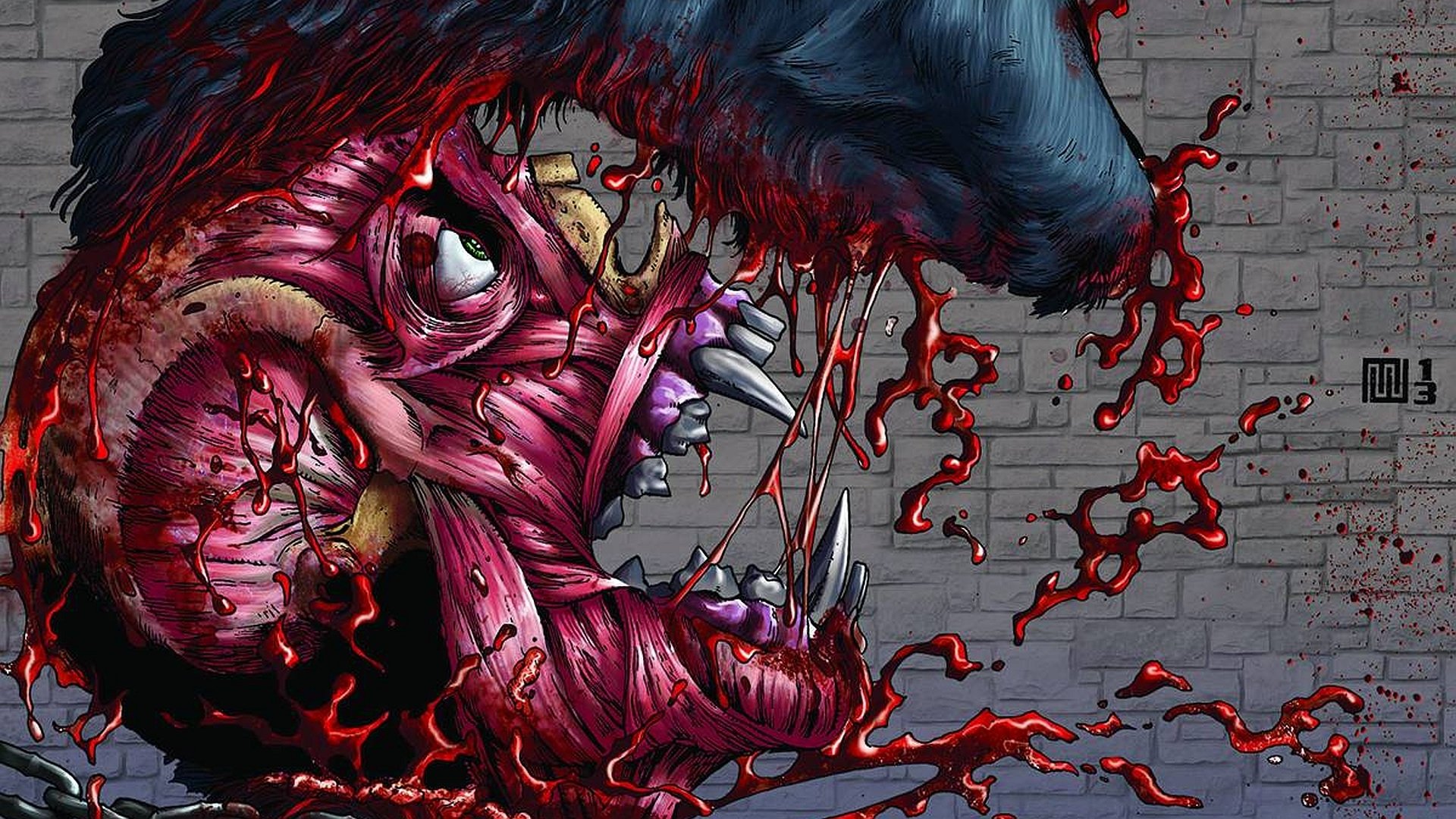 The Skin Trade comic HD PC desktop wallpaper: grotesque snarling head with torn skin, exposed muscle and fangs, blood splattering across a brick wall.