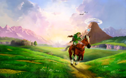 A stunning HD wallpaper from The Legend of Zelda: Ocarina of Time, featuring Link riding a horse through a vibrant landscape with mountains and a bright sky.