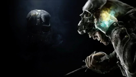 HD PC desktop wallpaper and background of Corvo Attano from the Dishonored video game: masked assassin clutching a blade as a ghostly skull-mask glows beside him.