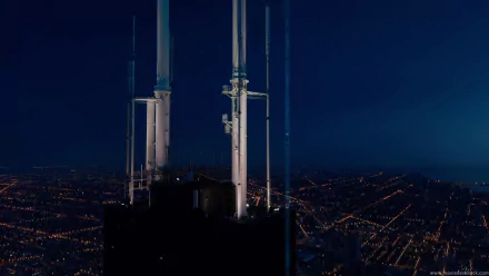 HD desktop wallpaper featuring a futuristic cityscape at night, inspired by Jupiter Ascending.