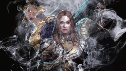 HD PC desktop wallpaper featuring Witchblade comic characters surrounded by mystical artifacts and swirling smoke, blending fantasy and dark art elements.