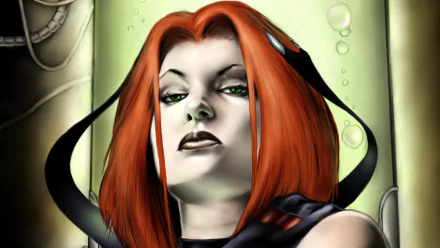 Close-up comic-style portrait of BloodRayne with red hair, pale skin and green eyes, dramatic lighting, rendered as a 2K Quad HD PC desktop wallpaper/background.