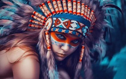 HD PC desktop wallpaper featuring a Native American woman wearing a vibrant feathered headdress and traditional face paint against a blurred background.