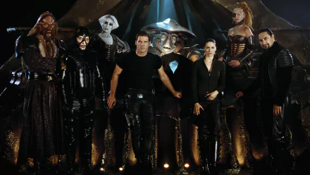 HD PC desktop wallpaper featuring the main cast of the TV show Farscape, showcasing diverse characters in a dramatic, sci-fi setting.