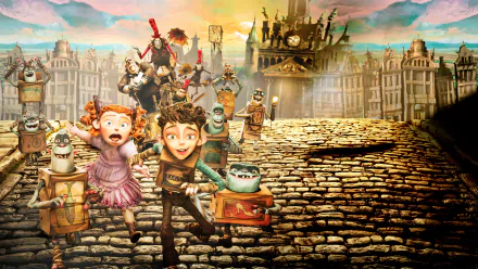 4K Ultra HD wallpaper featuring Eggs, Winnie, Shoe, Fish, and Archibald Snatcher from the movie The Boxtrolls against a detailed cityscape background.