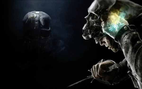 HD PC desktop wallpaper and background of Corvo Attano from the Dishonored video game: masked assassin clutching a blade as a ghostly skull-mask glows beside him.