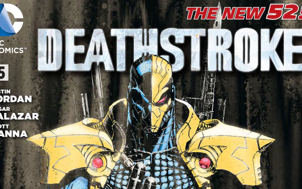 A striking HD wallpaper featuring Deathstroke from The New 52 comic series, showcasing the character's iconic armor and weapons against a dark backdrop.