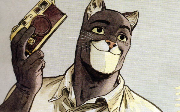John Blacksad, the anthropomorphic cat detective from the Blacksad comic series, holding a camera in this HD PC desktop wallpaper and background.