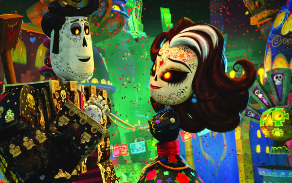 2K Quad HD PC desktop wallpaper and background: Manolo (The Book of Life) from the movie in a vibrant Day of the Dead–style scene with colorful skull-faced characters and glowing fiesta lights.